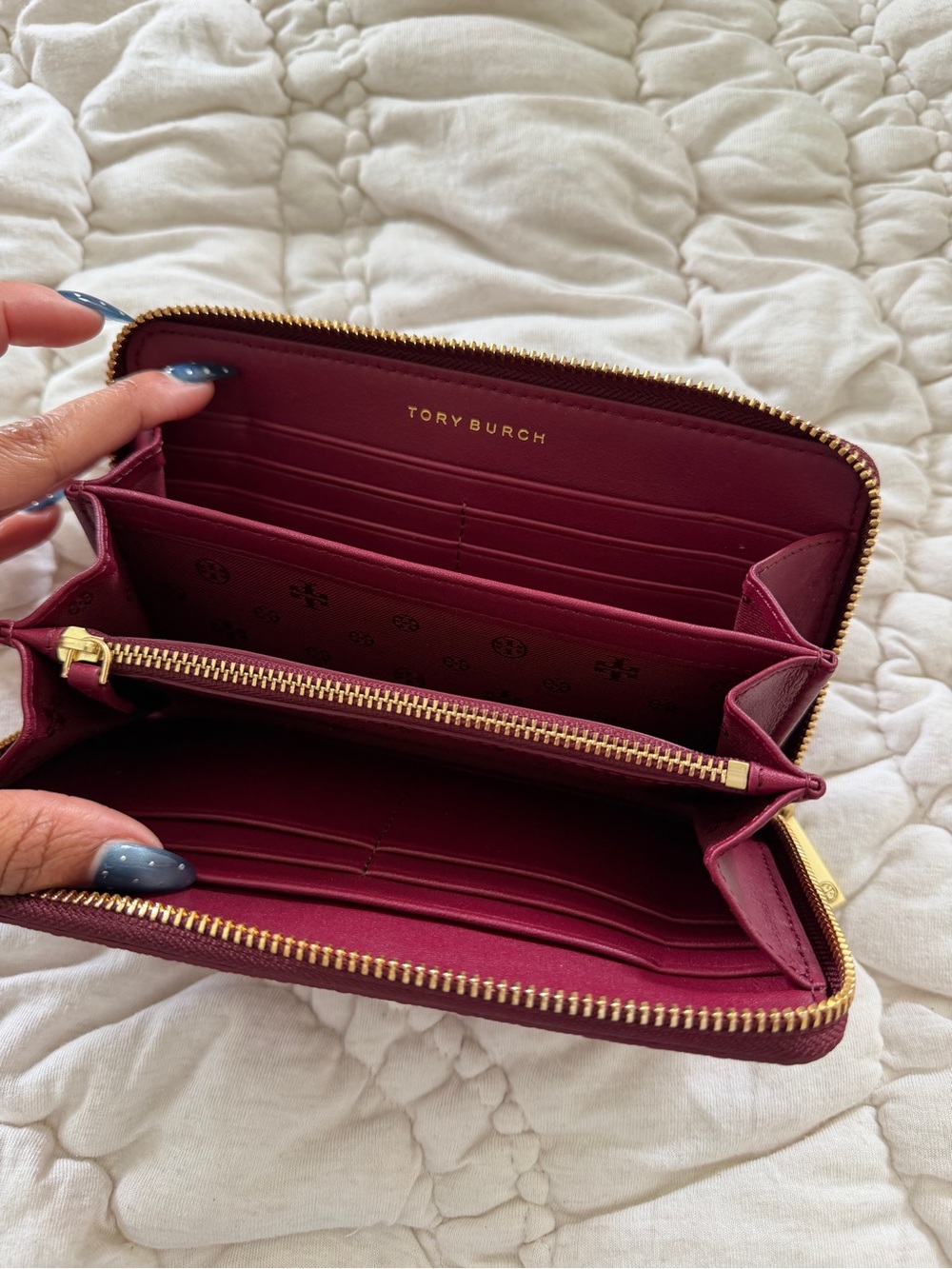 Tory Burch Quilted Zip Wallet - Burgundy with Gold Logo - Picture 2 of 3